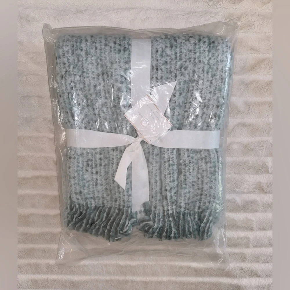 Pottery Barn NWT multi color Mohair fringe woven yarn dyed throw blanket